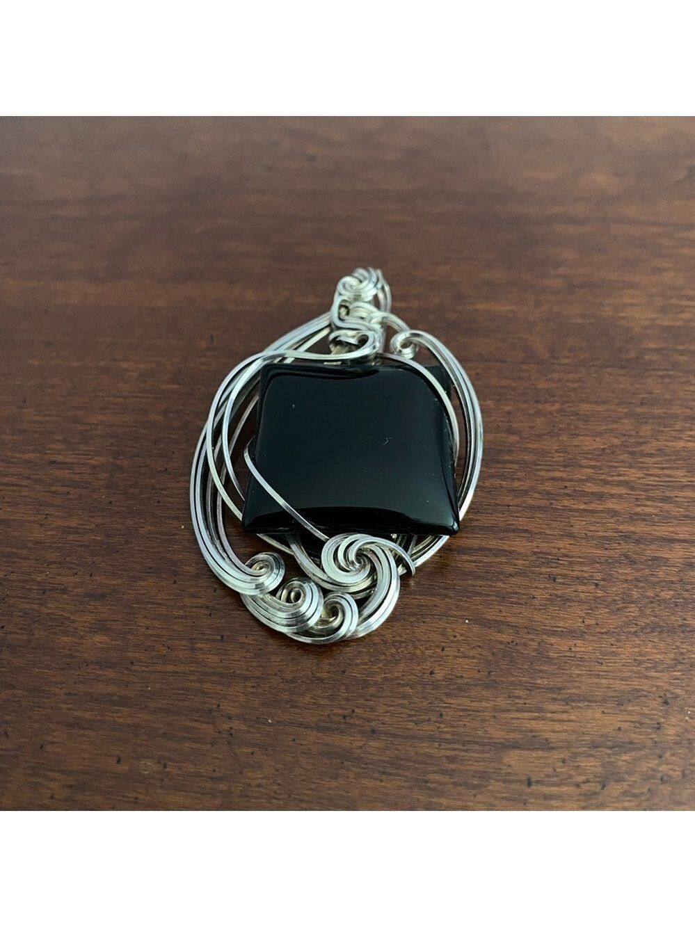Onyx Pendant Handmade Twisted Silver Wire Wrap Artisan Statement - Picture 5 of 7